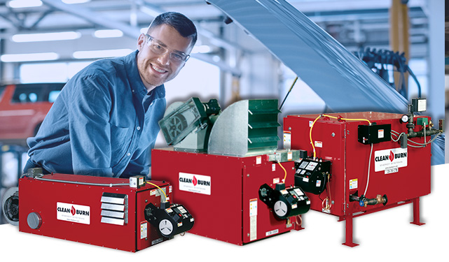 Distributor | Clean Burn Products An image of two waste oil furnaces and a boiler with a smiling mechanic in the background.