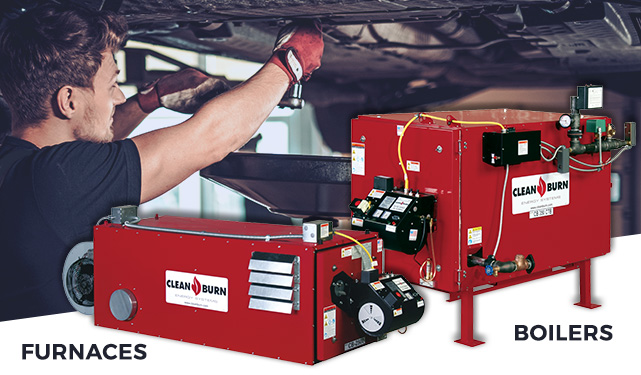 An image showing a Clean Burn Furnace and a Boiler with a Mechanic working in the background.